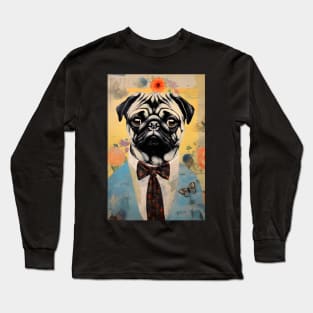 Cute Pug Dog Portrait in Suit Vintage Art Long Sleeve T-Shirt